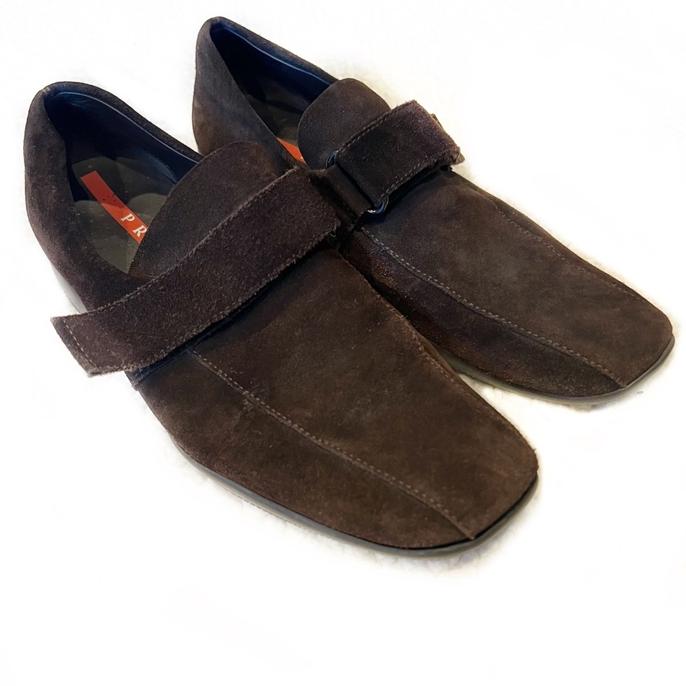 PRADA loafers driving shoes suede leather with Velcro strap Chocolate Brown